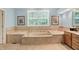 This main bathroom features a soaking tub, tiled countertop, and window with natural light at 5268 Woodfield Dr N, Carmel, IN 46033
