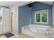 Bathroom featuring a large tub, a shower, white cabinets and a window that lets in plenty of natural light at 7138 Nile Ridge Ct, Indianapolis, IN 46236