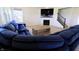 Cozy living room with a comfortable blue sectional couch and a modern coffee table at 9640 Katana Cir, Fishers, IN 46040