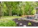 Expansive backyard with a patio, outdoor seating, lush greenery, and a charming fire pit for entertaining at 10243 Brixton Ln, Fishers, IN 46037