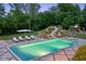 Gorgeous backyard with a large pool, poolside seating, playground, and lush greenery at 11101 Hawthorn Rdg, Fishers, IN 46037