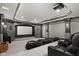 Home theater room featuring a large screen, bean bag chairs, leather seats, and carpet at 11101 Hawthorn Rdg, Fishers, IN 46037