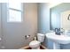 Half bath includes pedestal sink, toilet, and mirror; neutral wall paint and vinyl flooring at 12672 Amber Star Dr, Noblesville, IN 46060