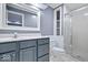 Bathroom featuring a gray sink vanity, framed mirror, and a glass shower at 241 Chamberlain Cir, Noblesville, IN 46062
