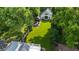Aerial view of a backyard featuring a well-manicured lawn, a detached garage, and an outdoor lounge area at 3215 N Pennsylvania St, Indianapolis, IN 46205