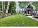 Spacious backyard features lush lawn, play gym, trampoline, and stylish outbuilding at 3215 N Pennsylvania St, Indianapolis, IN 46205