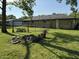 This fenced backyard features a fire pit, picnic table and mature trees, creating a private, outdoor living space at 409 W 3Rd St, Alexandria, IN 46001