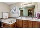 A well-lit bathroom featuring a soaking tub, double vanity with mosaic backsplash, and neutral wall paint at 4434 W Windsong Ct, New Palestine, IN 46163