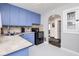 Well-lit kitchen with blue cabinets, modern appliances, and functional layout at 4922 Brookville Rd, Indianapolis, IN 46201