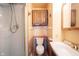 Compact bathroom with shower, toilet, vanity, and wooden storage cabinet at 10244 Washington Blvd, Carmel, IN 46280
