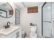 Stylish bathroom featuring modern fixtures, subway tile, and a glass enclosed shower at 10673 Misty Hollow Ln, Fishers, IN 46038