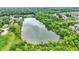 A panoramic aerial view of a serene lake surrounded by lush green trees and residential community at 1071 Serenity Ct, Carmel, IN 46280
