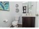 Powder room with vanity, toilet, modern art and blue walls at 2260 Santa Fe Dr, Greenfield, IN 46140