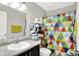 Bathroom featuring a colorful shower curtain, linoleum floors, and a bright white vanity at 3284 Clary Blvd South Dr, Greenwood, IN 46143