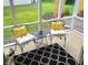 Comfortable screened porch seating area with black iron chairs, black and white area rug, and decorative pillows at 3862 Cornwallis Ln, Carmel, IN 46032