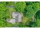 Aerial view of the property highlighting its roof, driveway, and surrounding landscape with mature trees at 741 Fairway Dr, Indianapolis, IN 46260