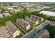 Overhead shot of a neighborhood showcasing rows of townhomes, trees, and parking areas at 9090 Demarest Dr, Fishers, IN 46038