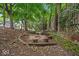 Backyard fire pit area with natural stump seating, surrounded by lush trees and foliage at 12961 Limberlost Dr, Carmel, IN 46033