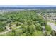 Aerial view showcasing lush treed neighborhood and nearby lake at 13297 Highland Springs Dr, McCordsville, IN 46055