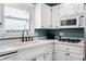 Kitchen with white cabinets, double basin sink, and stainless steel microwave and stove at 1891 W 300 N, Anderson, IN 46011