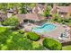 Aerial view of community pool with seating, lounge chairs and shade at 2267 Rome Dr # A, Indianapolis, IN 46228