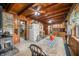 Rustic kitchen featuring wood-paneled walls, ceiling, and a vintage wood-burning stove, creating a cozy, country-style atmosphere at 429 E Hoover Dr, Nineveh, IN 46164