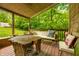 Inviting covered back porch with rustic wood and serene views of the lush green backyard at 429 E Hoover Dr, Nineveh, IN 46164