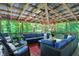 Covered patio with natural wood beam ceilings and black wicker furniture perfect for outdoor relaxation at 4623 E Windsor Ln, Columbus, IN 47201