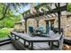 Outdoor dining area under a pergola, featuring stone wall exterior and wooden deck at 4990 E County Road 750 S, Brownsburg, IN 46112