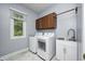 Bright laundry room with a washer, dryer, window, utility sink, and upper cabinets, perfect for efficient chores at 5404 Cayman Dr, Carmel, IN 46033