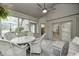 Enclosed patio featuring a ceiling fan, outdoor furniture, and views of the backyard at 5404 Cayman Dr, Carmel, IN 46033