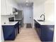 Modern kitchen featuring stainless steel appliances, dark blue cabinets, and white countertops at 6845 Arjay Dr, Indianapolis, IN 46217