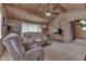 Comfortable living room with vaulted wood ceilings, ceiling fan, and lots of natural light at 6937 Muskrat Dr, , IN 46164