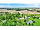 Stunning aerial view of a country estate with a pool, pond, and mature trees against a rural backdrop at 7380 N 225 W, Lebanon, IN 46052