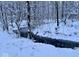 A small creek flows through a snow covered forest, offering a peaceful natural view at 7380 N 225 W, Lebanon, IN 46052