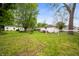 A spacious backyard features a lush lawn, mature trees, and a charming white shed at 1212 Woodlawn Ave, Indianapolis, IN 46203