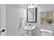 Powder room featuring a pedestal sink, decorative mirror and stylish decor at 1410 Shadow Ct, Zionsville, IN 46077