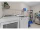 Functional laundry room with white washer and dryer and storage shelving above at 1821 Midnight Pass, Brownsburg, IN 46112