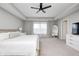 Bright main bedroom featuring neutral decor, a ceiling fan, and tray ceiling for a calming retreat at 3667 Gilmore Pl, Bargersville, IN 46106