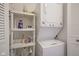 Bright laundry room featuring a stacked washer and dryer and ample shelving for storage at 3965 N Meridian St # 3J West, Indianapolis, IN 46208