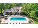 Aerial view showcasing a private backyard pool and landscaped surroundings at 5953 Deer Hollow Ct, Pittsboro, IN 46167