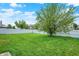 Large, fenced backyard with lush green grass and a mature tree, providing a private outdoor space at 630 Harmony Way, Greenwood, IN 46143