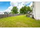 Spacious backyard featuring a well-manicured lawn and a wooden fence for added privacy at 8416 Buckingham Dr, Columbus, IN 47201