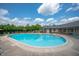 Outdoor pool with lounge chairs and trees around the perimeter under a blue sky at 8503 Canterbury W Sq # D, Indianapolis, IN 46260
