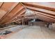 Unfinished attic space with exposed wooden beams and plywood flooring offers expansion potential at 12112 Roxbury Pl, Carmel, IN 46033