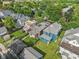 Aerial view of a neighborhood showcasing a well-maintained blue home surrounded by lush greenery and neighboring properties at 1436 Central Ave, Indianapolis, IN 46202