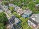 Aerial view of a neighborhood showcasing a well-maintained blue home surrounded by lush greenery and neighboring properties at 1436 Central Ave, Indianapolis, IN 46202