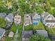 Aerial view of a neighborhood showcasing a well-maintained blue home surrounded by lush greenery and neighboring properties at 1436 Central Ave, Indianapolis, IN 46202