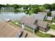 Aerial view capturing the roof, yard, and dock with boat in a waterfront community, highlighting its prime location at 3404 Maritime Dr, Indianapolis, IN 46214