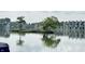 Scenic lake view featuring an island with lush trees and neighboring lakeside townhouses at 3404 Maritime Dr, Indianapolis, IN 46214